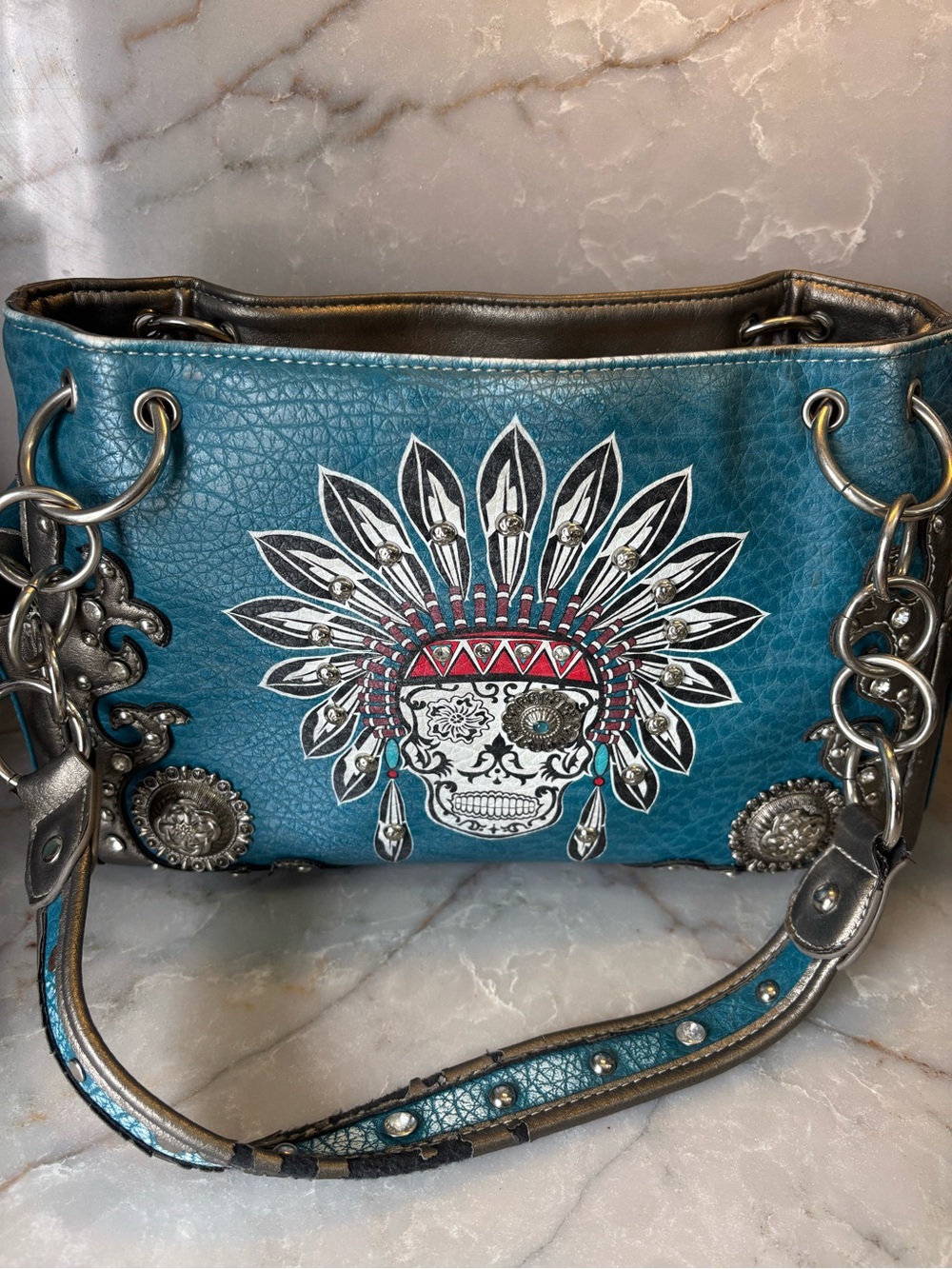 Teal Decorative Skull Headdress Shoulder Bag